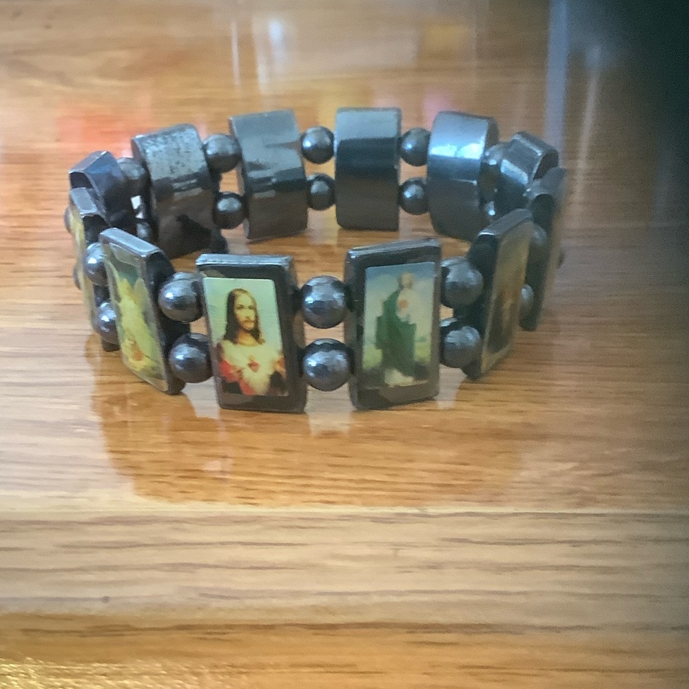 Spiritual Black Beaded Bracelet with Religious Images
